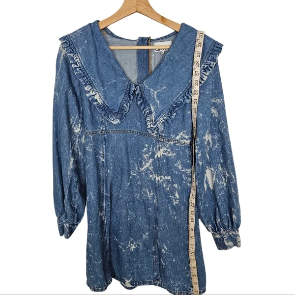 Ganni Net Sustain Ruffled Bleached Organic Denim Mini Dress Size 32 US 0 - Picture 4 of 8